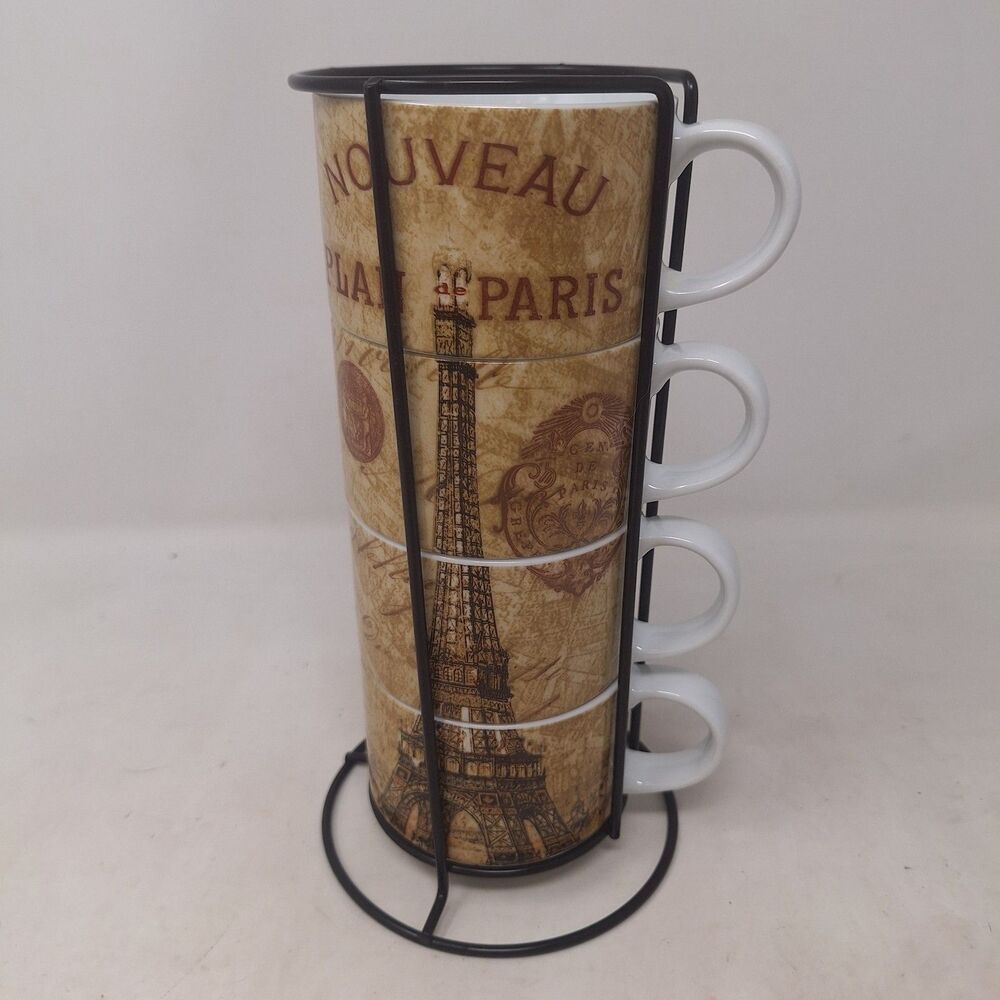 Pier 1 Imports Eiffel Tower Paris Stackable Mugs Set Of 4 With Stand Brown White